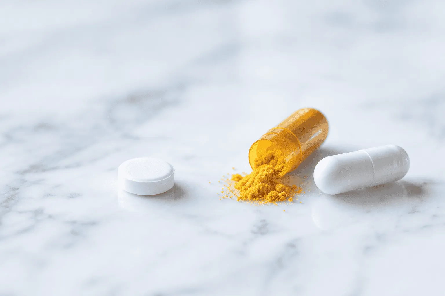 White metformin tablet and amber B12 capsule with yellow powder on marble, illustrating metformin-associated vitamin B12 deficiency and oral repletion
