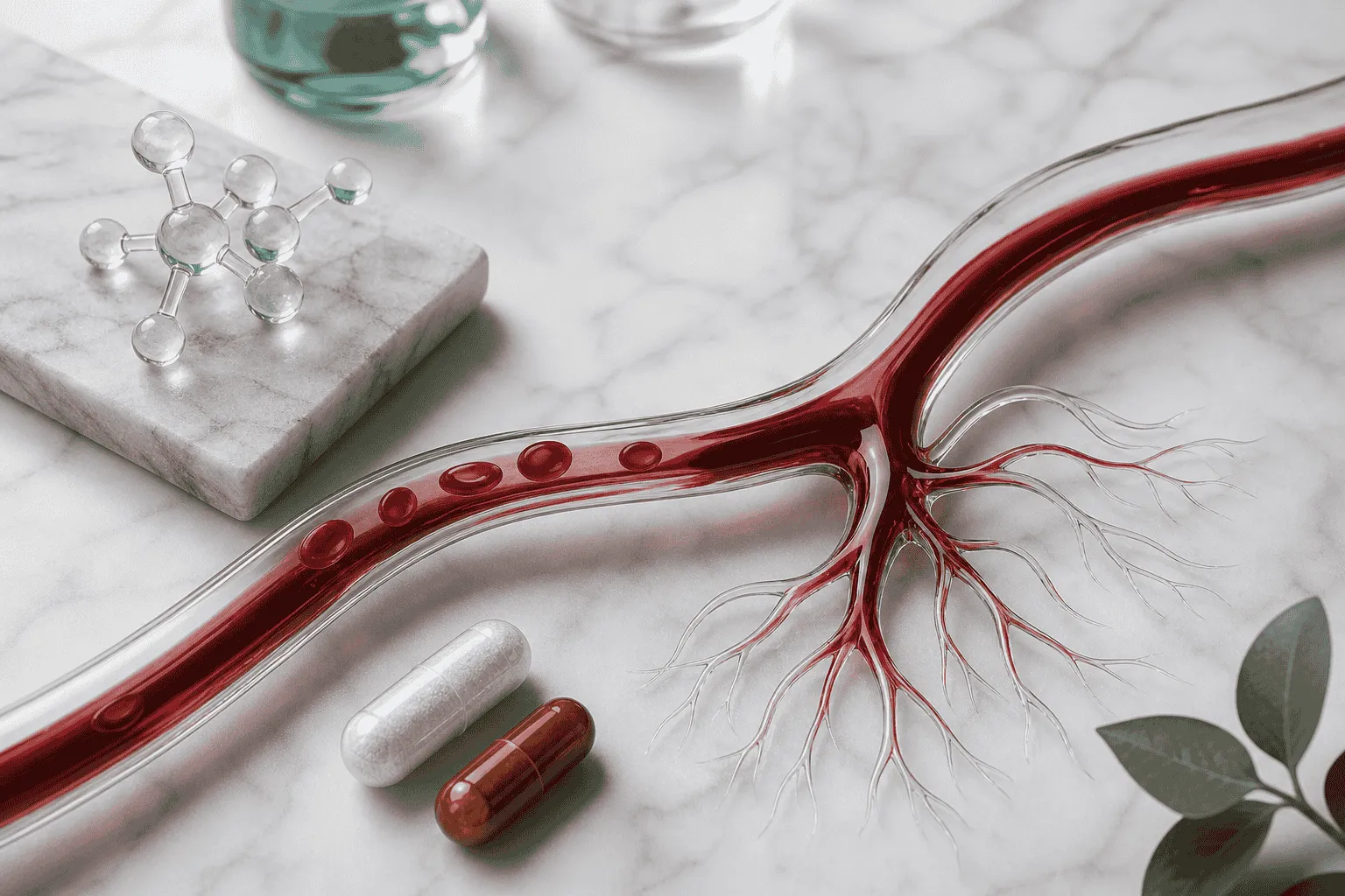 Supplement capsules and a glass vessel on marble, illustrating nitric oxide pathway supplements for erectile dysfunction