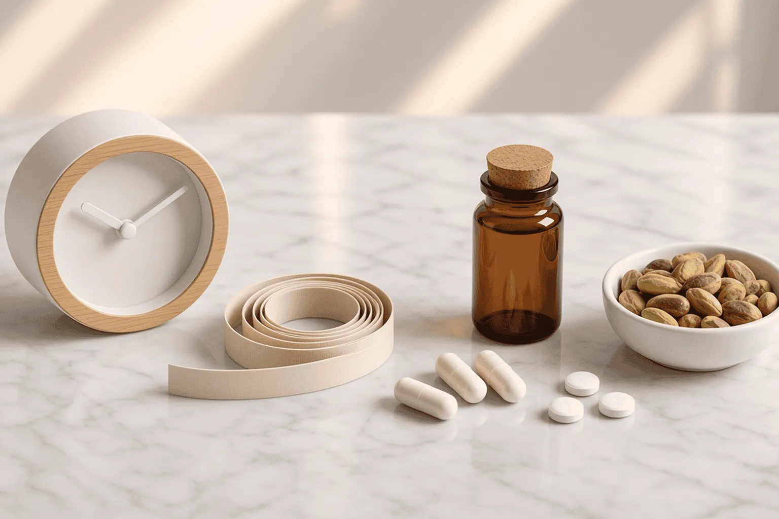 Alarm clock and measuring tape beside melatonin bottle, magnesium capsules and a bowl of pistachios on a nightstand