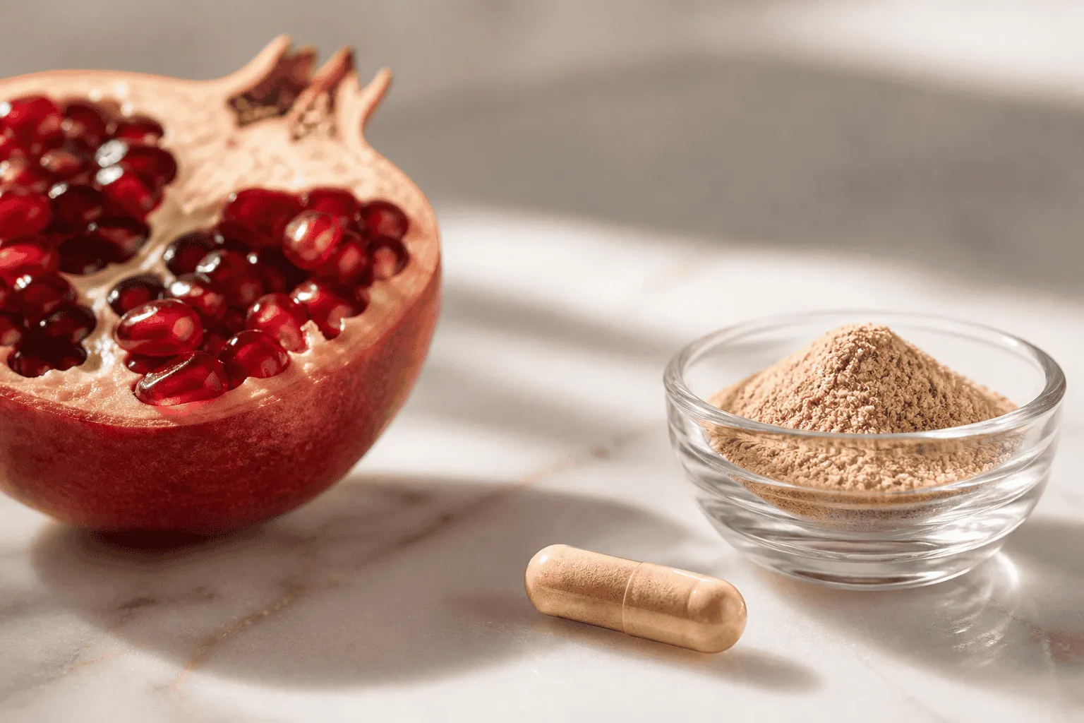 Pomegranate, capsule, and mitochondria illustration representing urolithin A gut conversion versus direct Mitopure supplementation